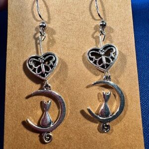 Silver Cat and Moon Dangle Earrings